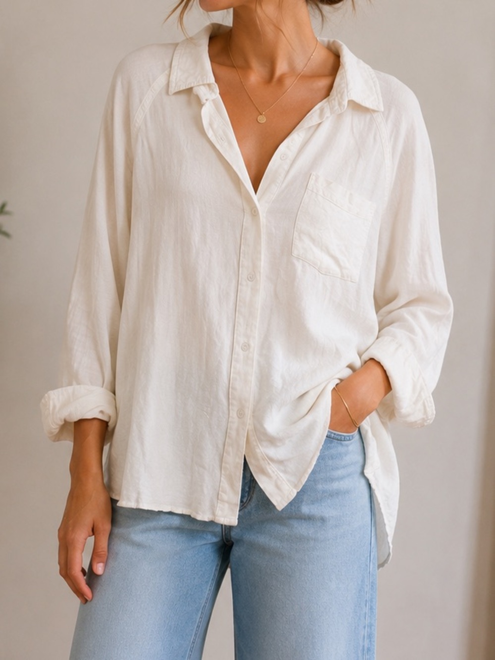 Relaxed Linen Cream Button-Down Shirt with Chest Pocket